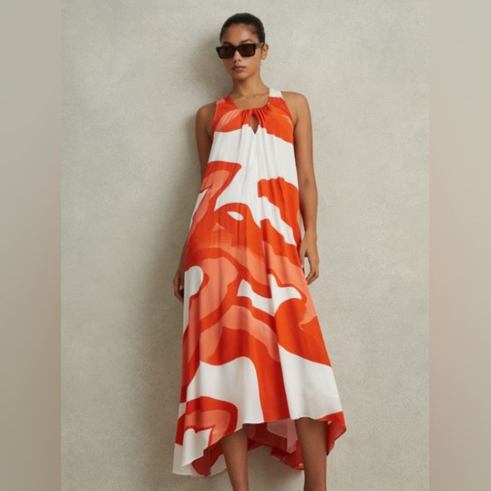 REISS LONDON AVIA ORANGE RED & WHITE VINTAGE FLORAL PRINT  MAXI  DRESS SIZE 10